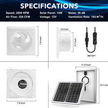 Load image into Gallery viewer, 15W Solar Panel + 6 Inch High Speed Exhaust Fan with Anti-backflow Valve, Wall Mount Ventilation &amp; Cooling Vent for Chicken Coop, Shed, Greenhouse
