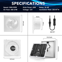 Load image into Gallery viewer, 20W Solar Panel + 8 Inch High Speed Exhaust Fan with Anti-backflow Valve, Wall Mount Ventilation &amp; Cooling Vent for Greenhouse, Shed, Chicken Coop, Garage
