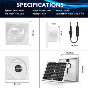 20W Solar Panel + 8 Inch High Speed Exhaust Fan with Anti-backflow Valve, Wall Mount Ventilation & Cooling Vent for Greenhouse, Shed, Chicken Coop, Garage