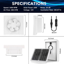 Load image into Gallery viewer, 25W Waterproof Solar Panel + 8 Inch Shutter Exhaust DC Fan, Wall Mount Ventilation &amp; Cooling Vent for Greenhouse, Shed, Garage, Attic, Barn, Workshop
