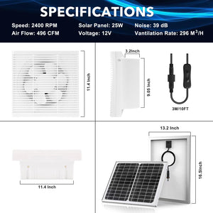 25W Waterproof Solar Panel + 8 Inch Shutter Exhaust DC Fan, Wall Mount Ventilation & Cooling Vent for Greenhouse, Shed, Garage, Attic, Barn, Workshop
